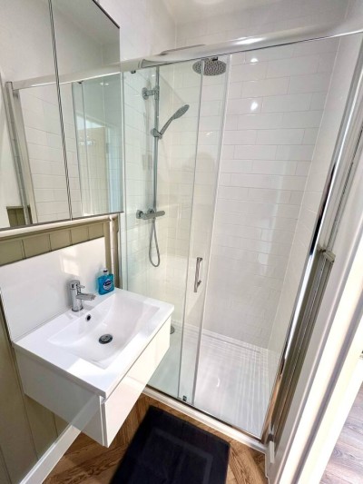 Compact bathroom with rainfall shower and sleek modern finishes.