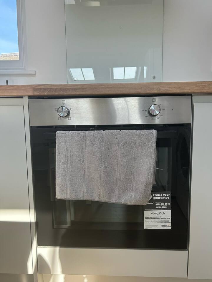 Built-in oven with sleek finish, wood counter, and soft natural light.