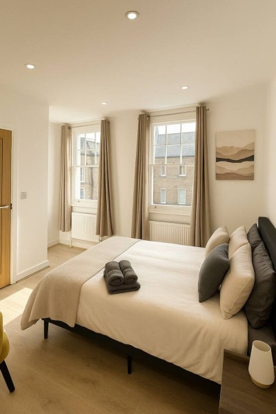 A bright Westminster bedroom with soft tones, a double bed and natural light. Minutes from St James’s Park, it’s a peaceful retreat blending comfort, charm and city living.
