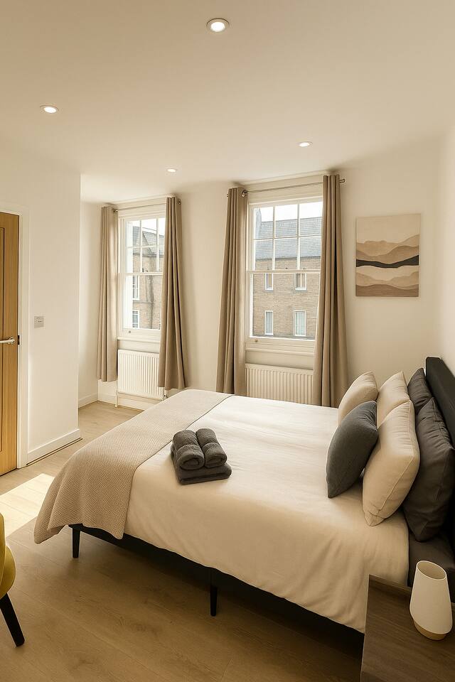 A bright Westminster bedroom with soft tones, a double bed and natural light. Minutes from St James’s Park, it’s a peaceful retreat blending comfort, charm and city living.