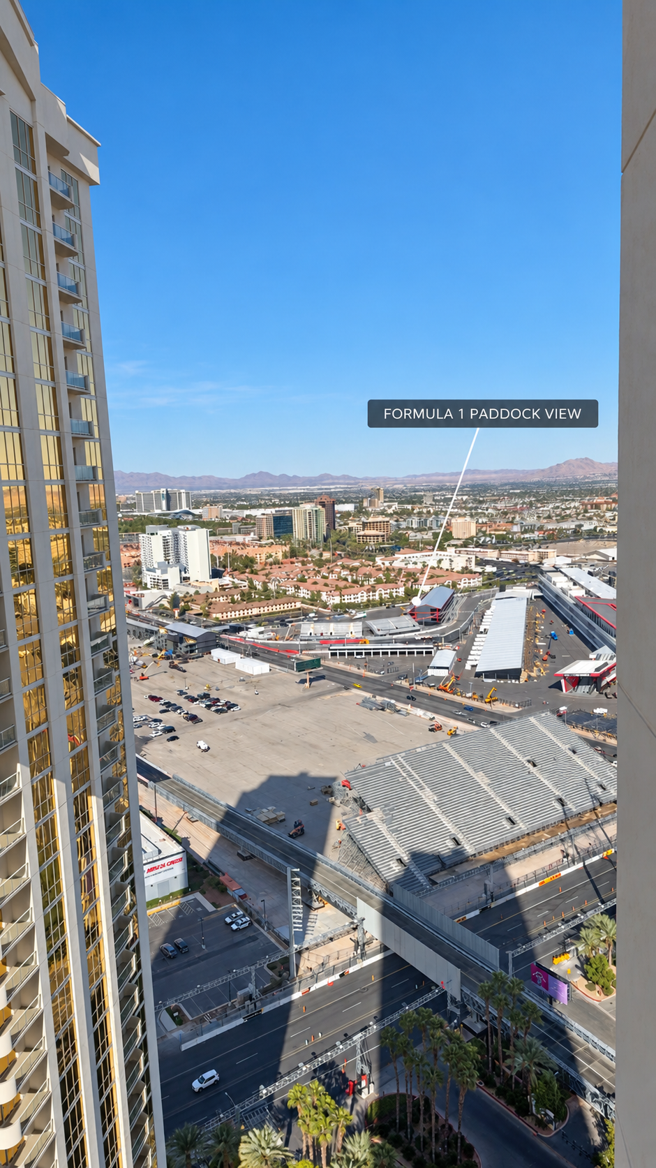 High-floor city view with direct Formula 1 paddock overlook