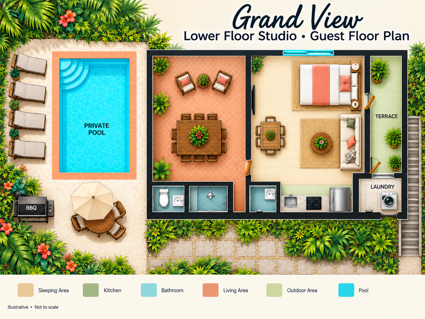 Grand View studio with private pool, patio dining, BBQ, and tropical terrace