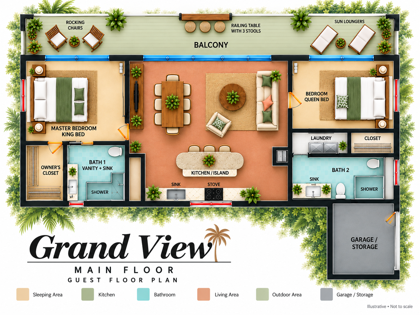 Spacious 2BR floor plan with balcony seating, loungers, and open living