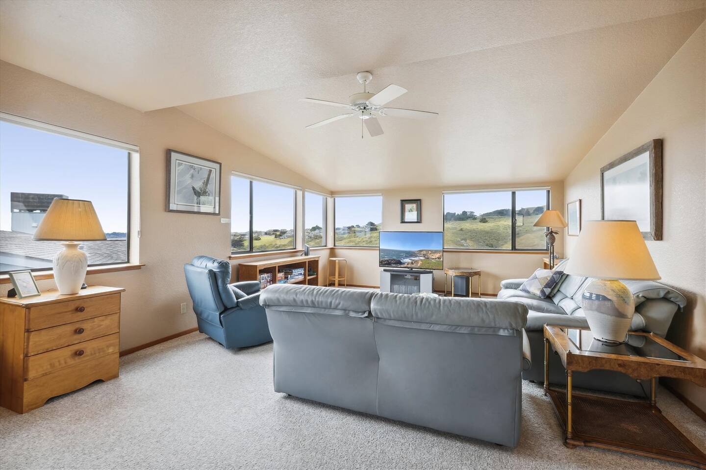 The upstairs loft has a lovely view of the Bodega Bay hillside.