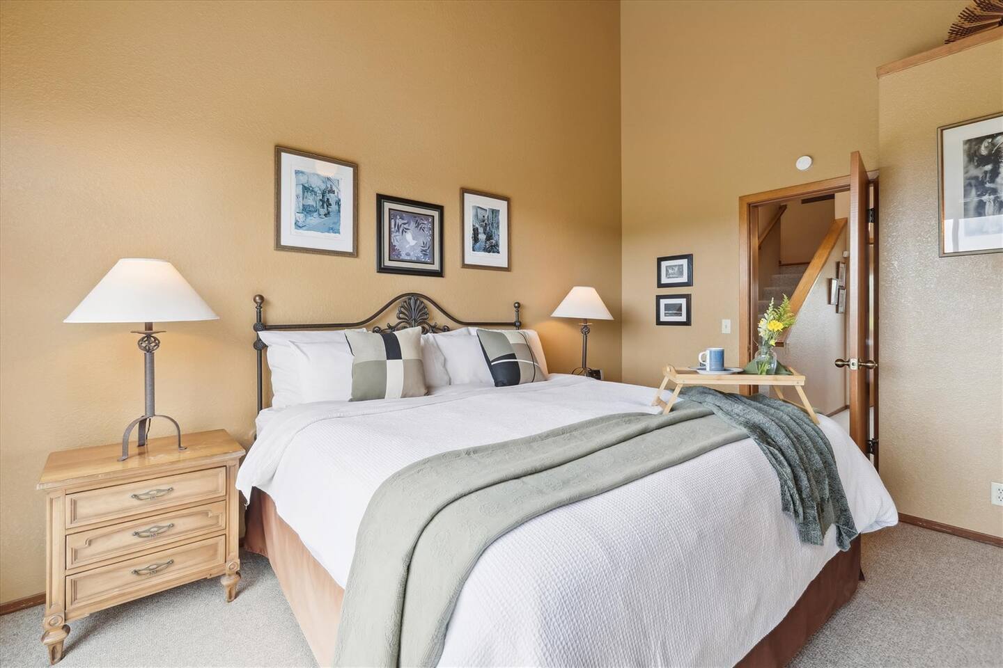 Luxurous bedding with crisp white 100% cotton sheets, a down alternative comforter and duvet, and ample pillows for a good night's sleep!