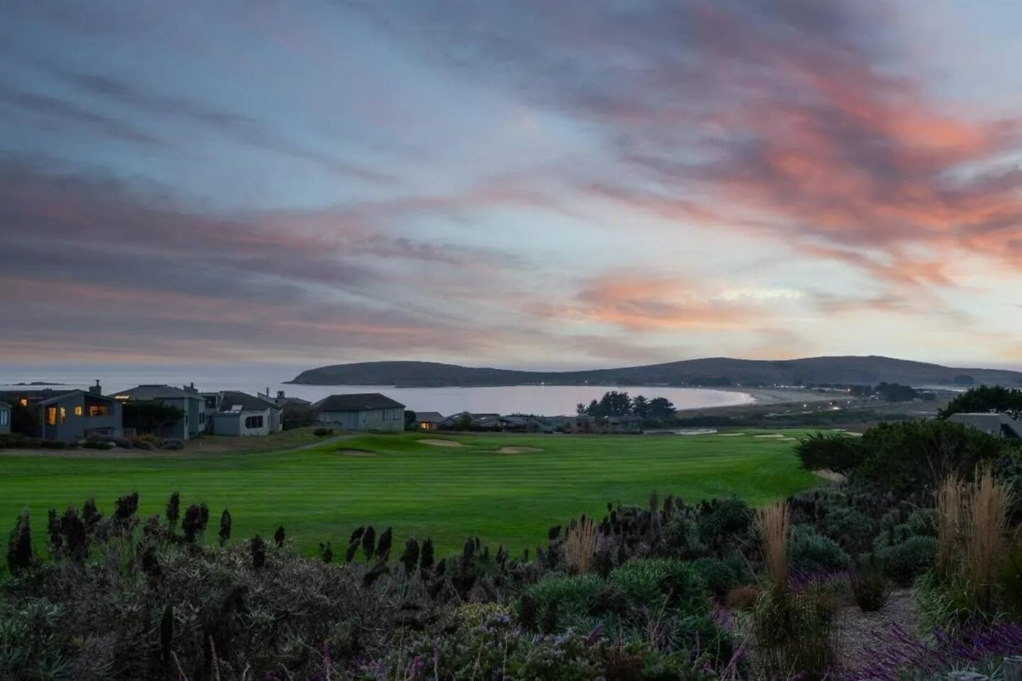 Sunset view of the Pacific Ocean, Doran Beach and Bodega Head.