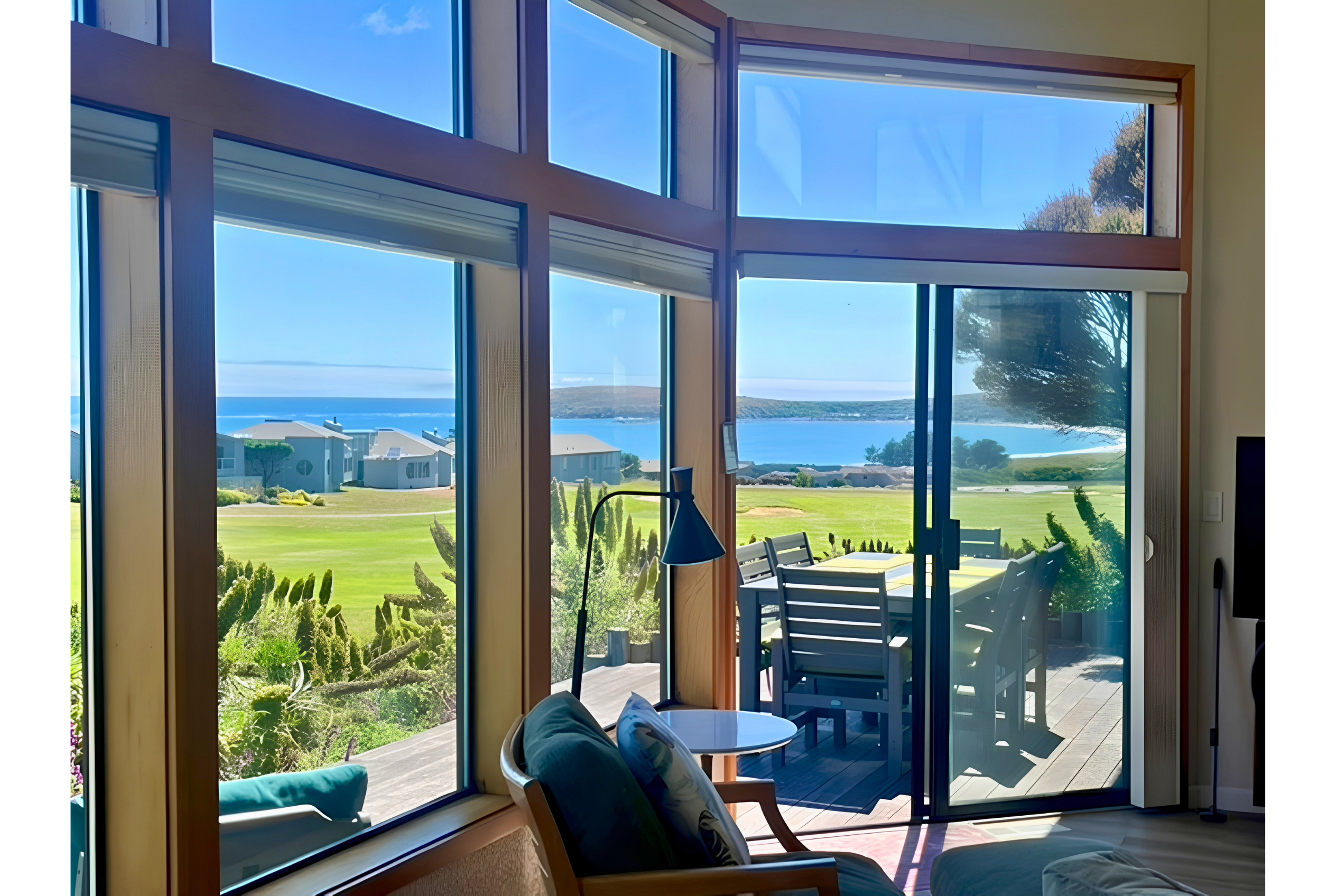 Sunlit living space with panoramic water views and private outdoor dining deck