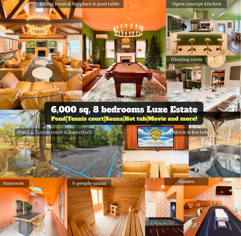 6000sf Luxe Estate Pond|Tennis|Sauna|Hottub|Movie