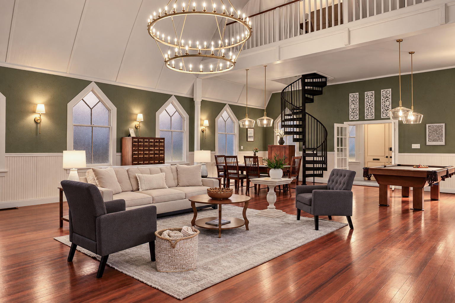 The old nave is now your living room: gothic arched windows, a twin-tier chandelier and a spiral staircase to the loft. This is where everyone ends up.