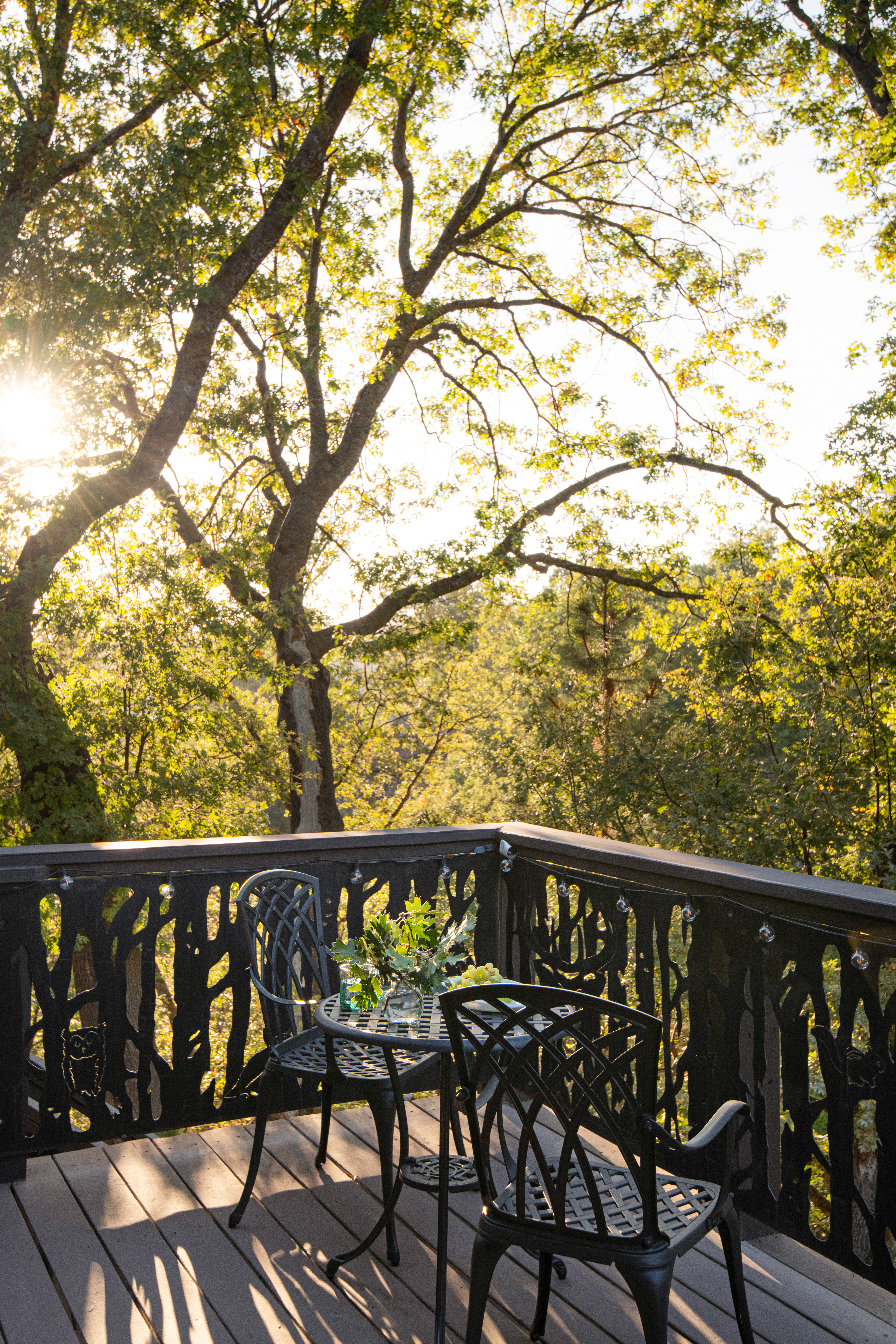 Sunny treetop deck with cozy bistro seating and peaceful wooded views
