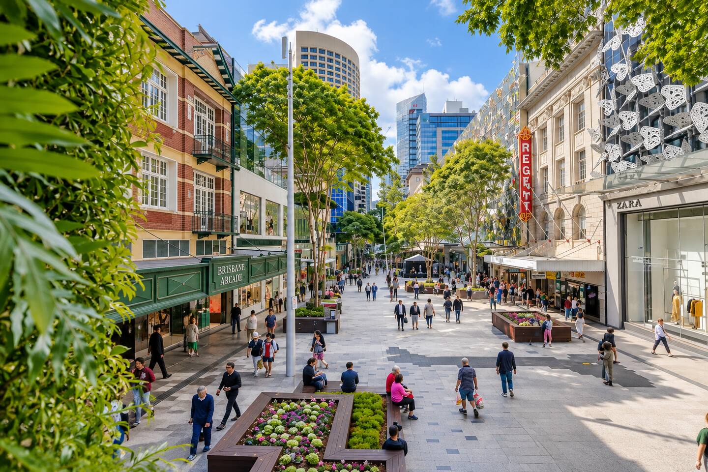 Queen Street Mall: Brisbane’s premier shopping precinct, with hundreds of stores, dining and entertainment in the heart of the CBD.