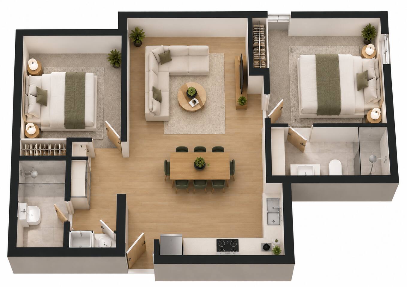 Spacious 2-Bedroom Retreat: Enjoy modern comfort with a stylish living area and inviting kitchen!