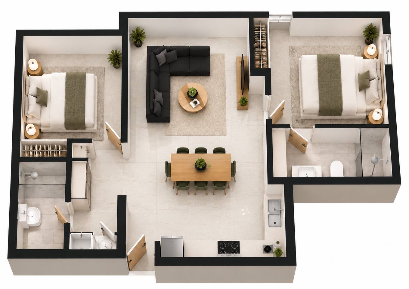 Floor plan | Two king bedrooms, two bathrooms and spacious open-plan living, dining and kitchen areas