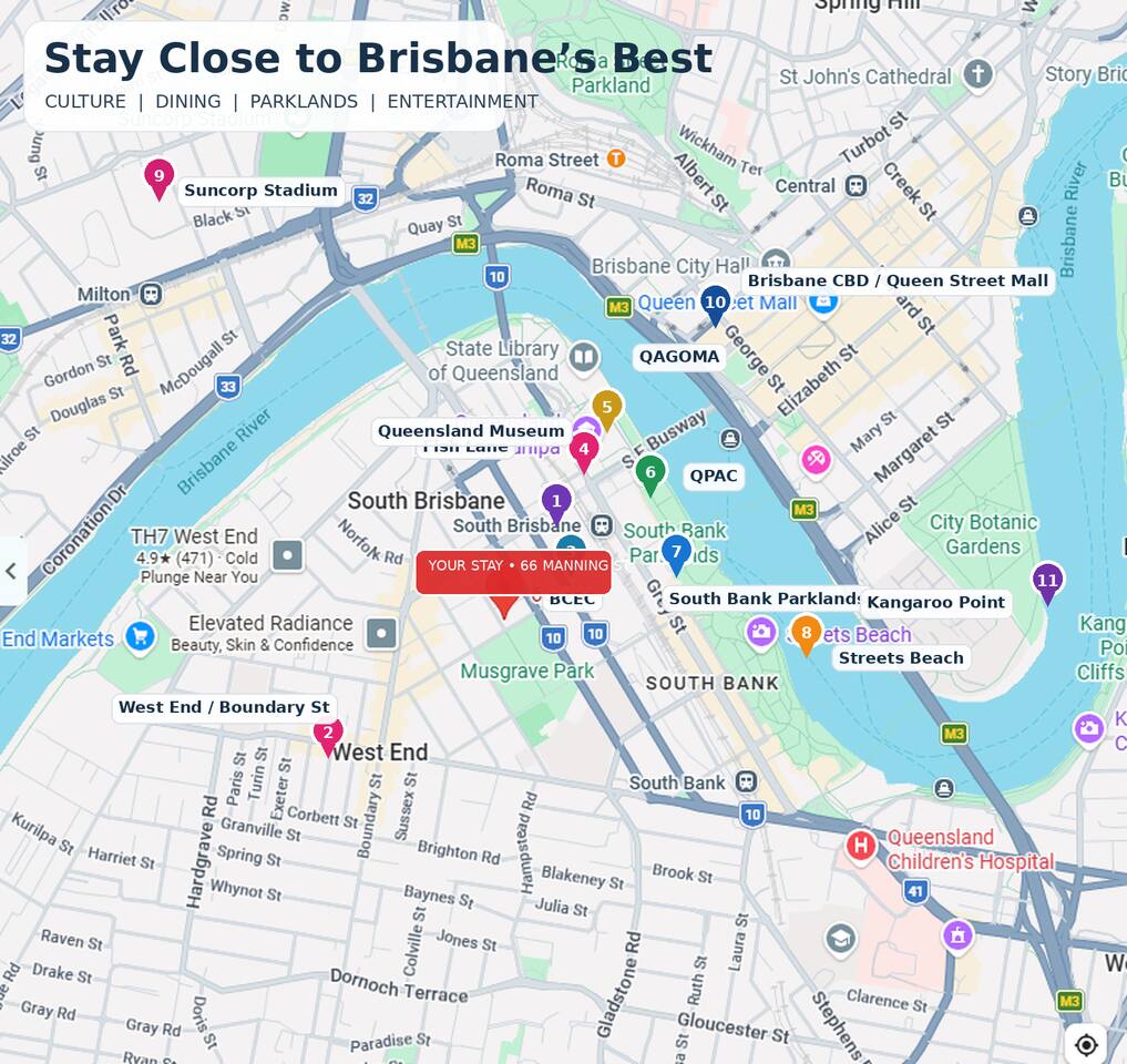 Location Highlights: Explore South Brisbane’s vibrant culture, dining, and entertainment hotspots!