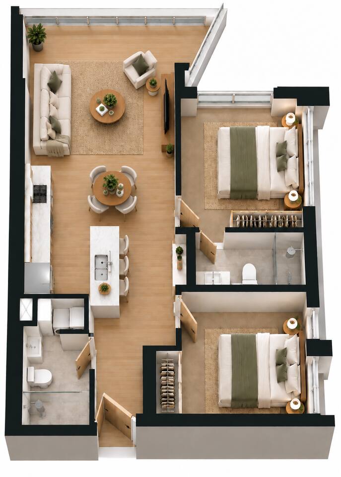 Living Space: Bright and airy layout with stylish furniture, perfect for relaxation and gatherings!