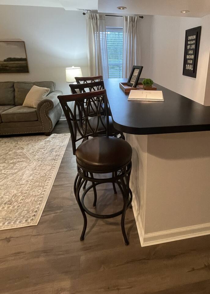 Spacious living room with bar and 65" smart TV