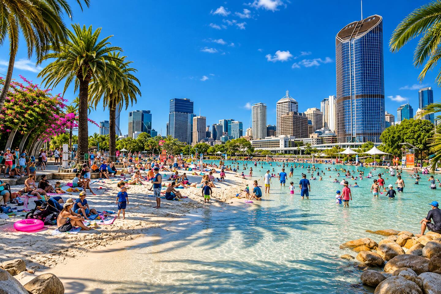 City Escape: Dive into fun at the iconic South Bank lagoon with stunning skyline views!