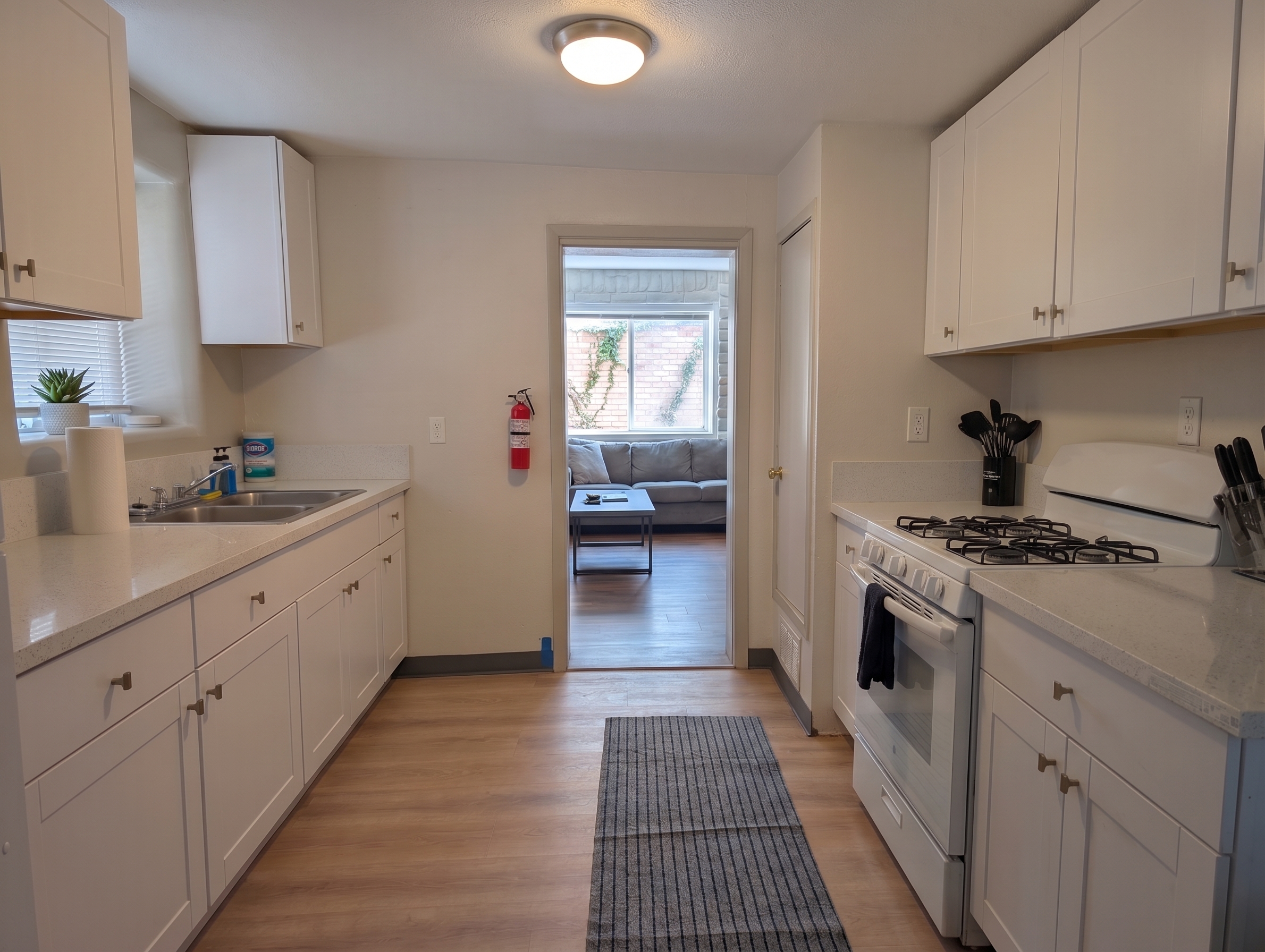 Bright, updated kitchen with gas stove and easy flow to living area