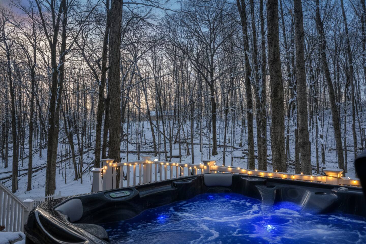 Treetop hot tub in snow