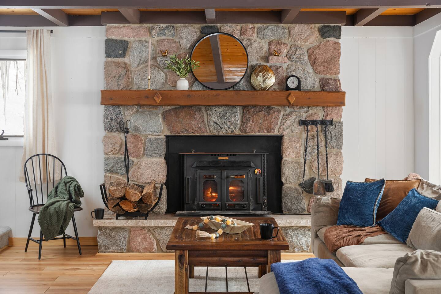 Stone fireplace close-up