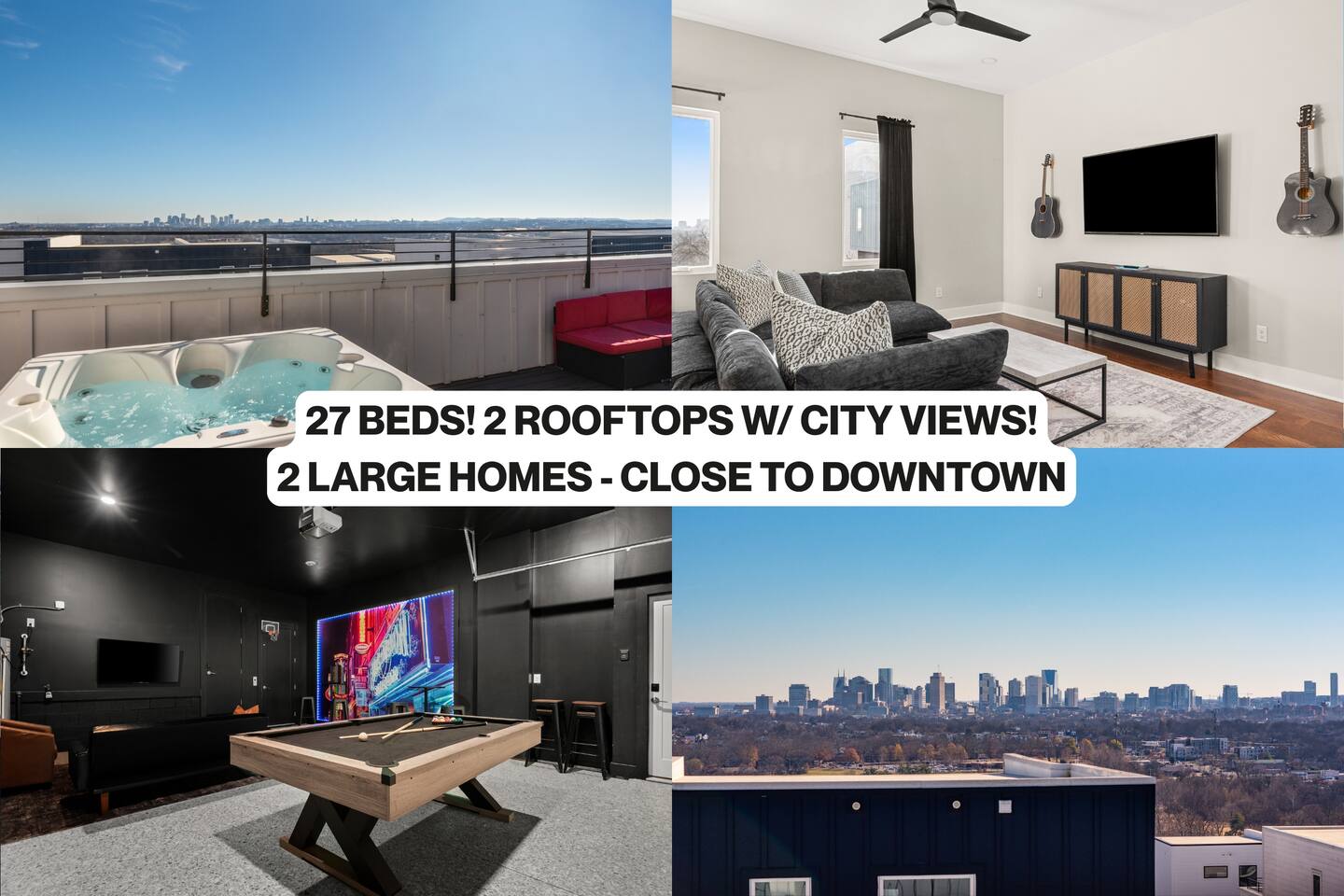 27 Beds | Rooftop Hot Tubs + CityViews + Game Room