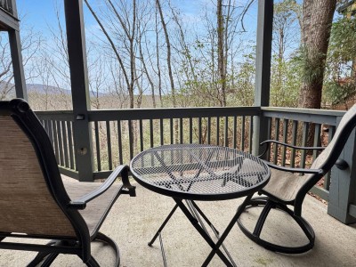 Private covered patio with wooded views at the Nacoochee condo
