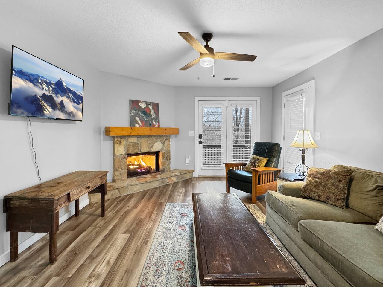 Stone fireplace living room