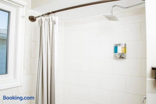 Bright tiled shower with rainfall head and natural light