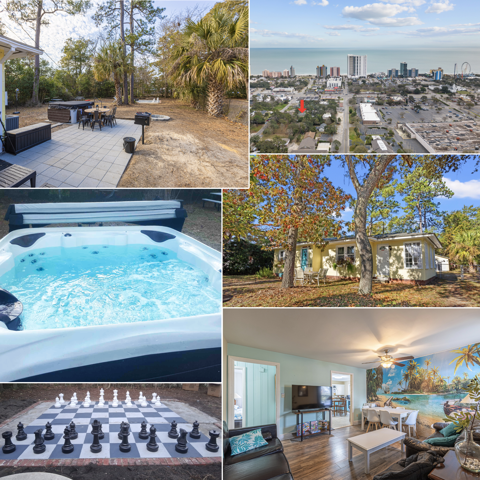 Centrally Located Beachy with Private Hottub, 2 King Beds, Huge Yard, BBQ, Firepit, Yard Games