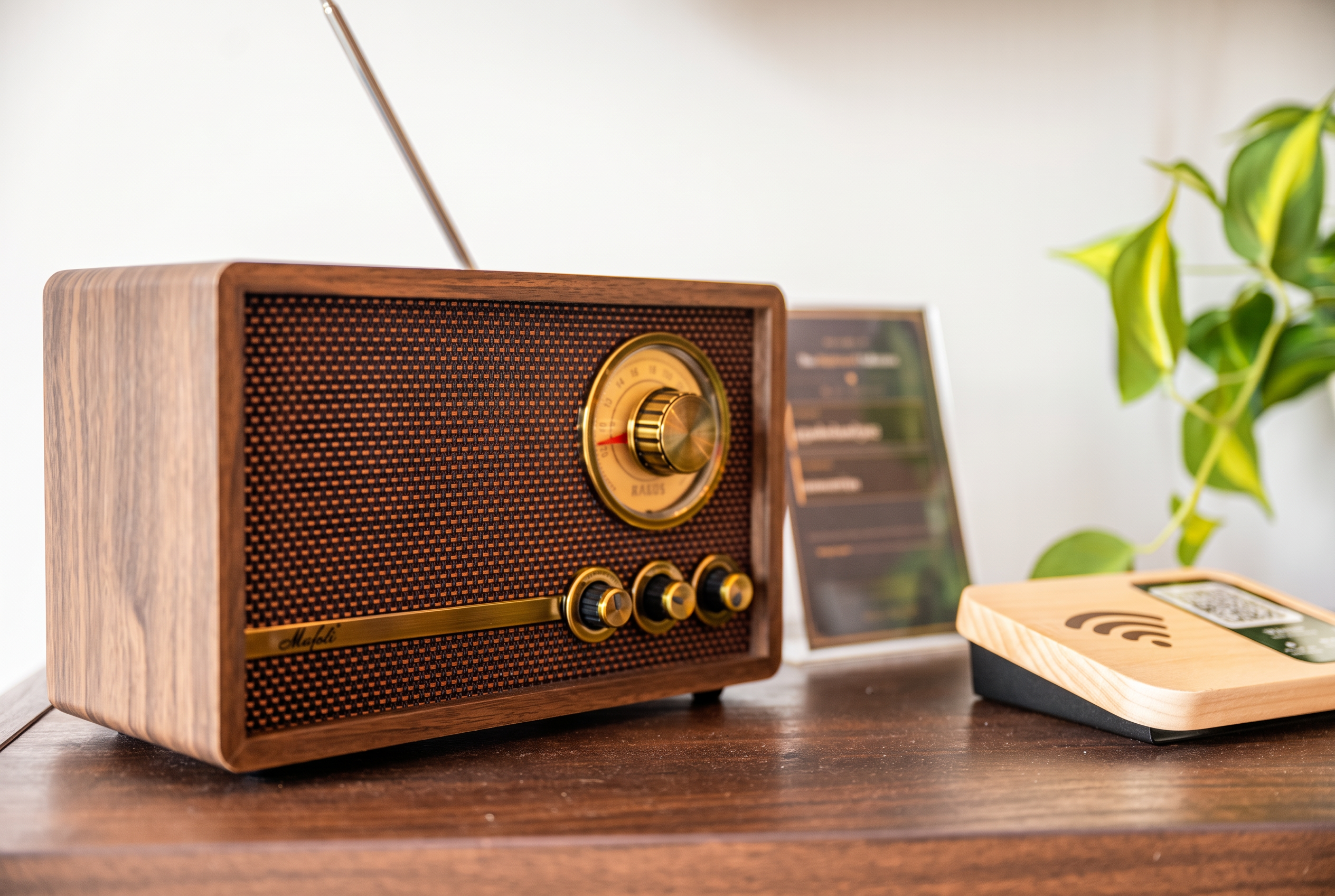 Vintage radio charm with modern charging and stylish decor