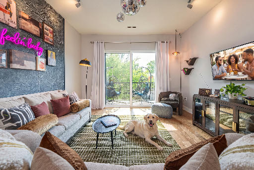 Bright designer living room with balcony access and cozy modern style