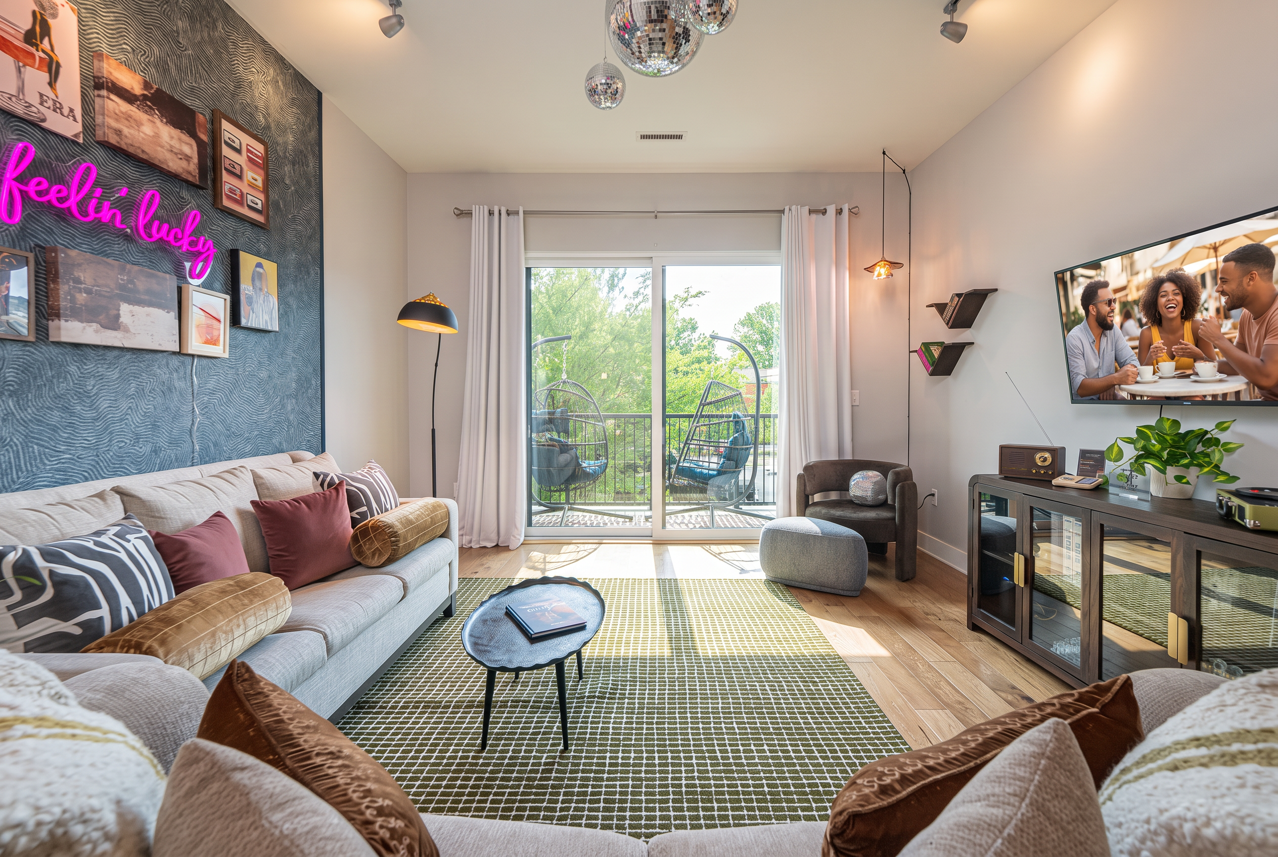 Bright designer living room with balcony and cozy hanging chairs