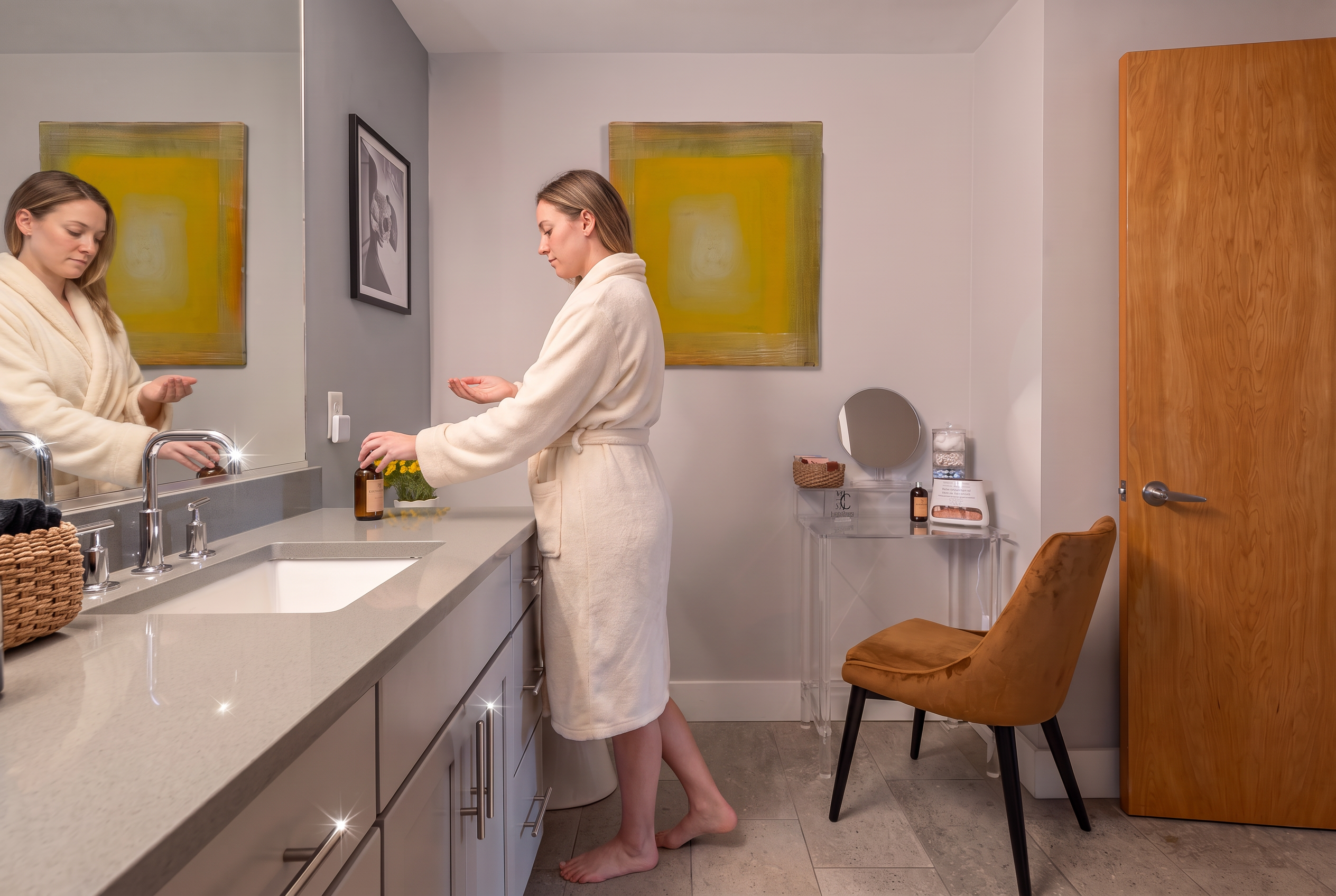 Spa-like modern bathroom with double vanity and stylish dressing area