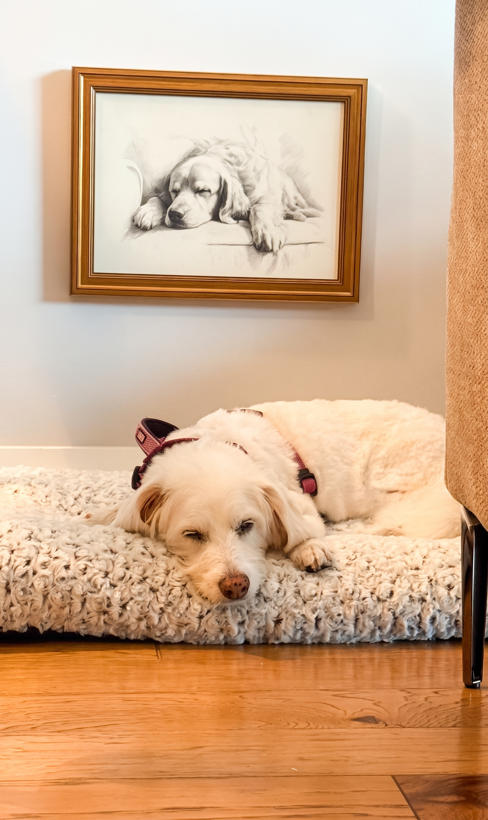 Cozy pet-friendly corner with charming dog art and warm hardwood floors