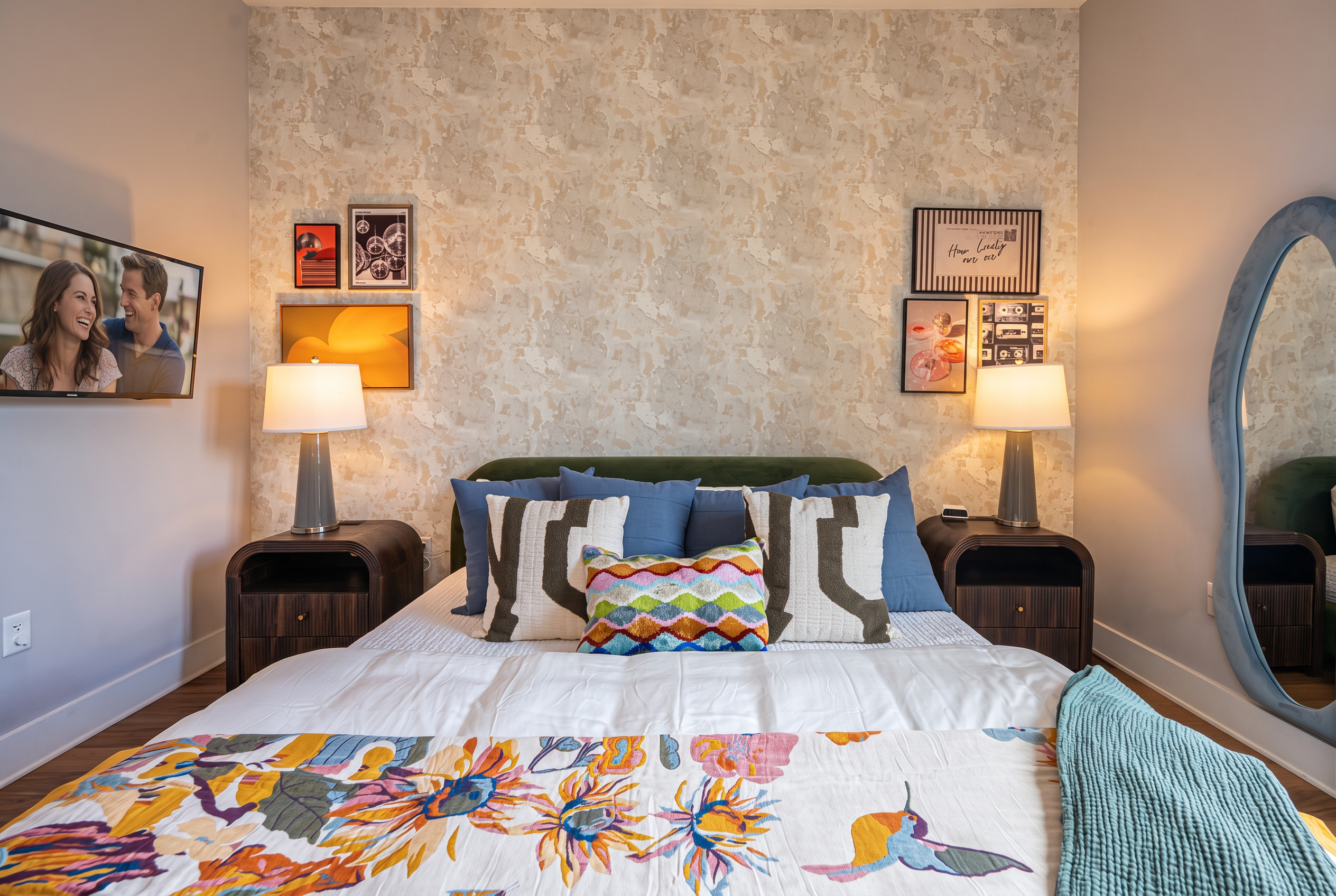 Cozy designer bedroom with bold textiles, warm lighting, and stylish accents