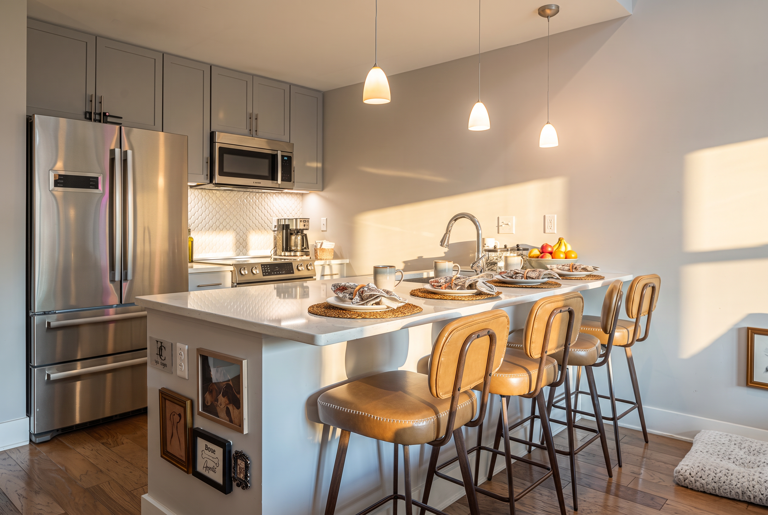 Sunlit modern kitchen with island seating for four