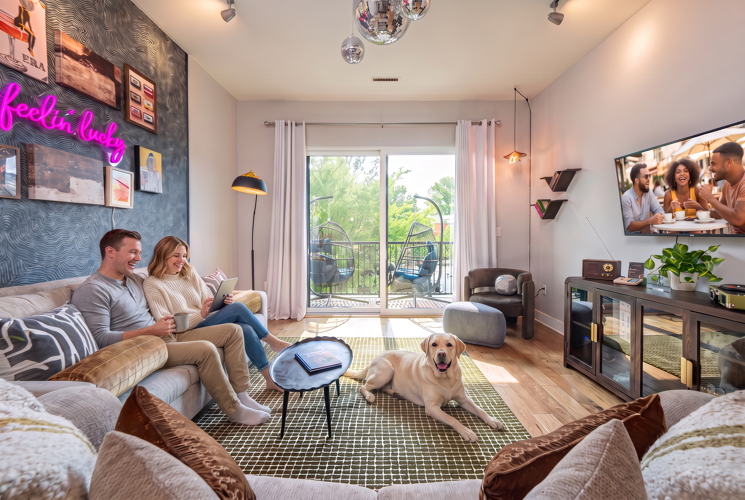 Sunny modern lounge with balcony, hanging chairs, and cozy designer touches.....All with a view of the Blue Ridge Mountains!