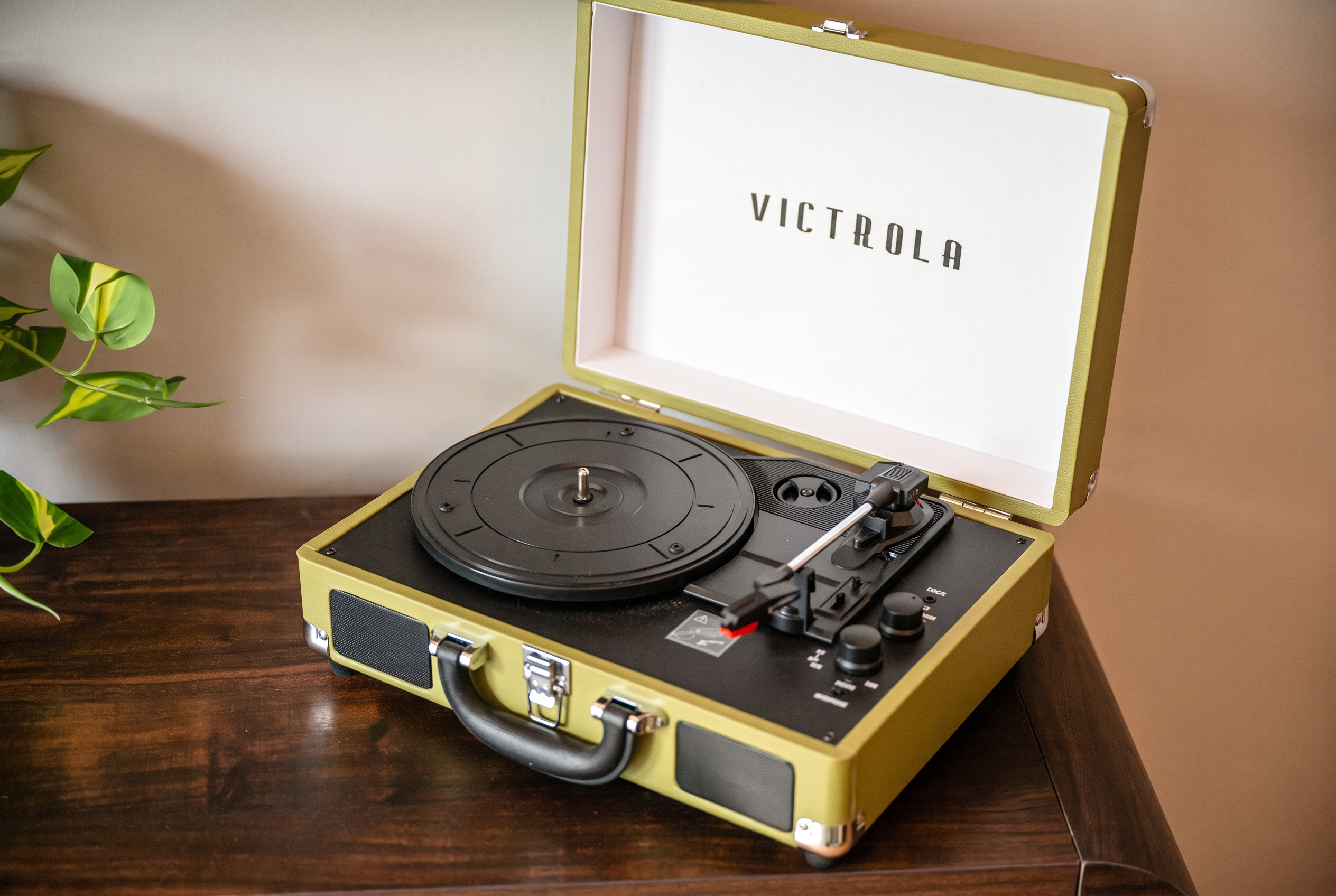 Vintage Victrola record player adds charm and a cozy retro vibe