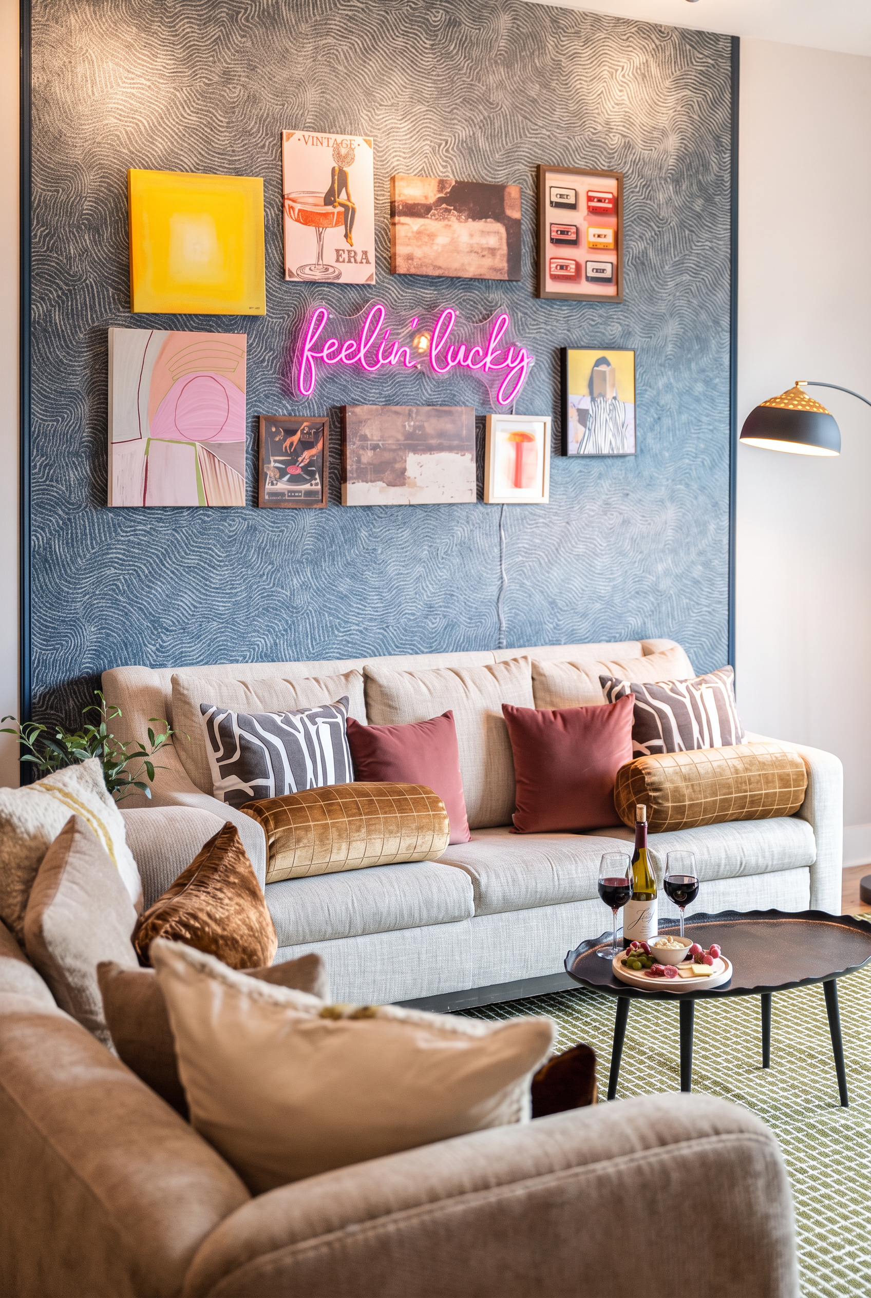 Chic lounge with neon art wall, plush seating, and cozy wine-night vibes