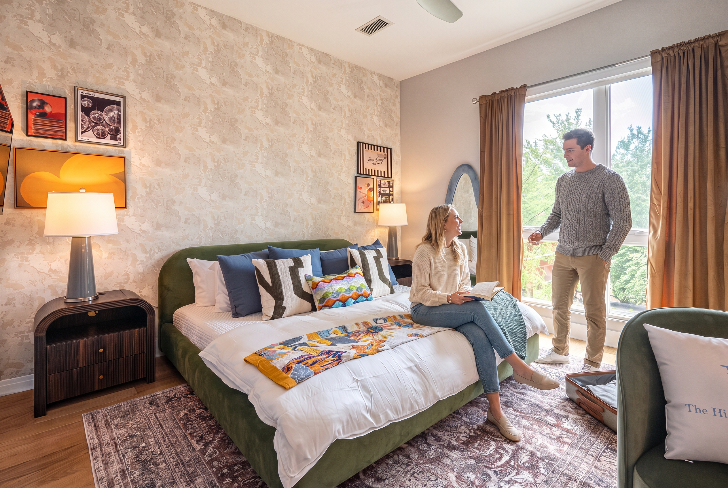 Bright, stylish bedroom with plush bedding and large window views