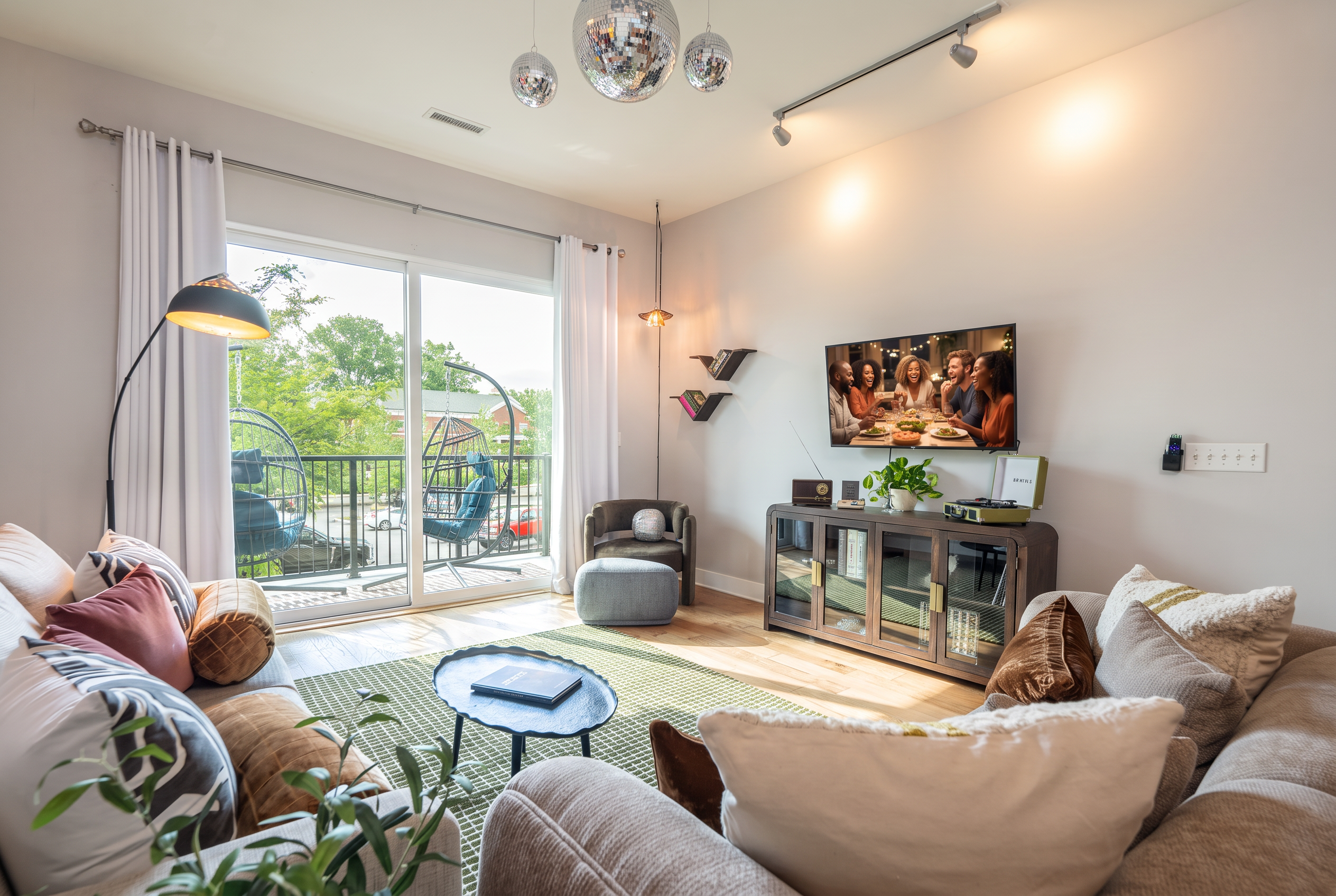 Sunny modern living room with balcony seating and relaxing tree views