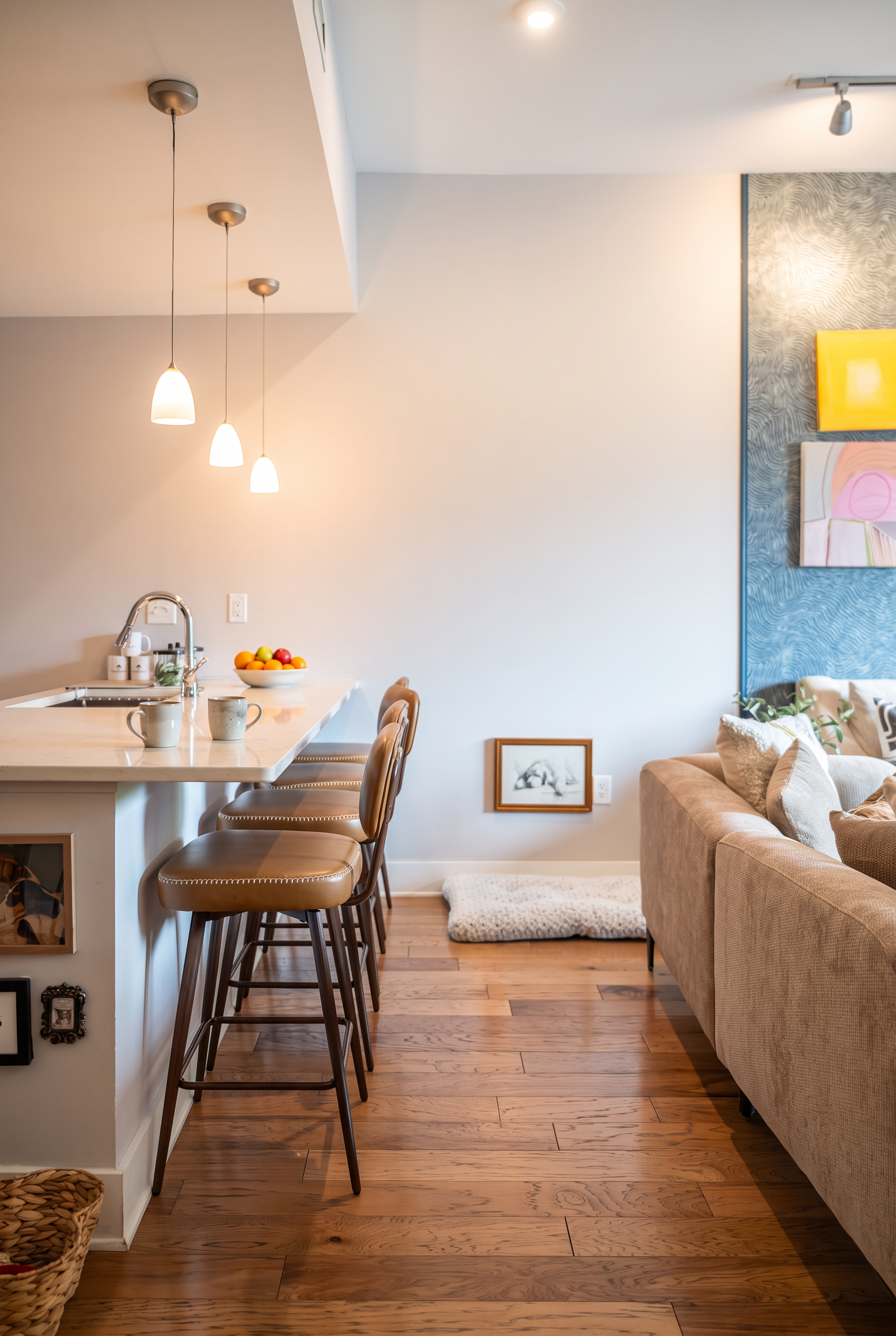 Bright open living space with breakfast bar and cozy modern seating