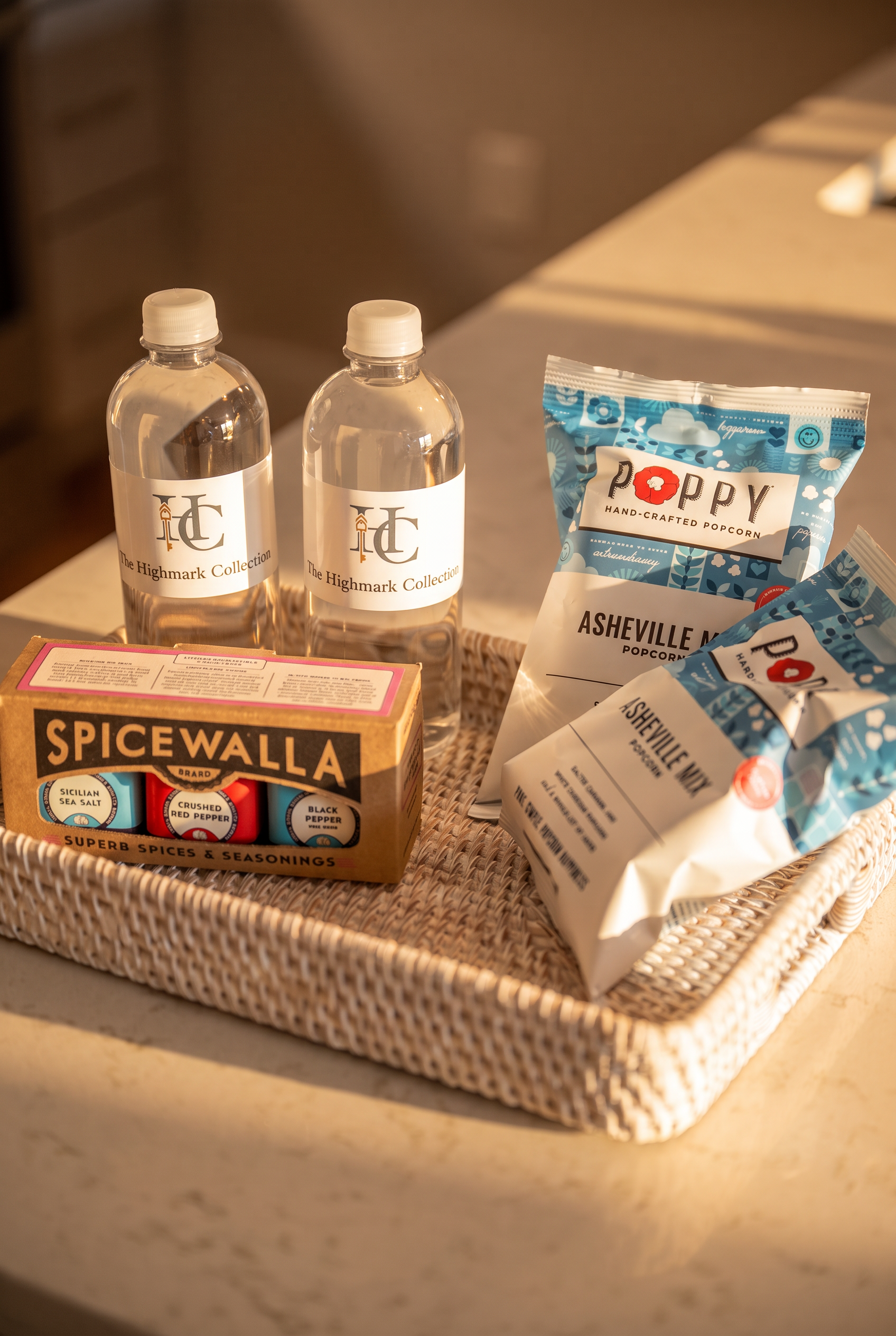 Thoughtful welcome basket with bottled water and local snacks