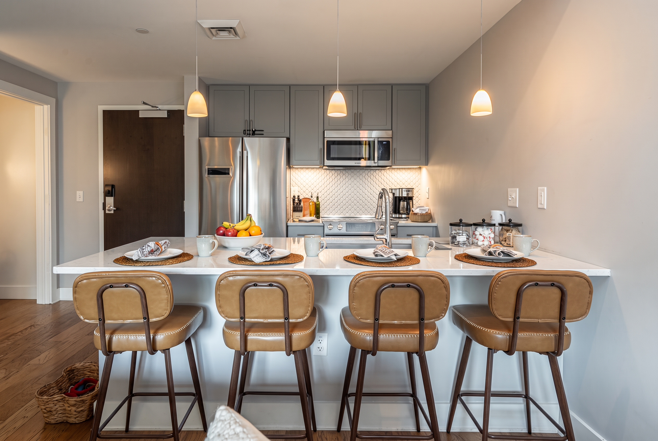 Modern kitchen with spacious island seating for four and sleek finishes