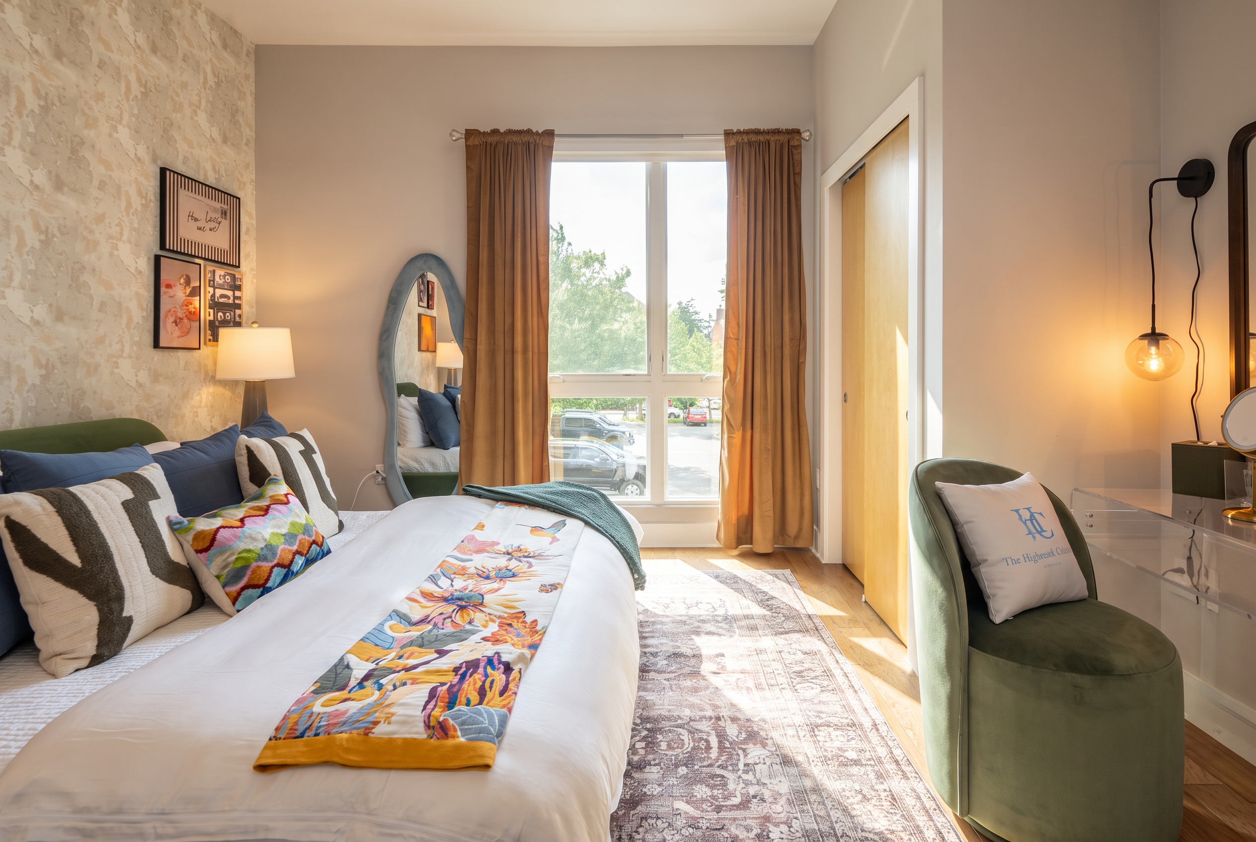 Bright designer bedroom with plush bedding, vanity, and sunny windows