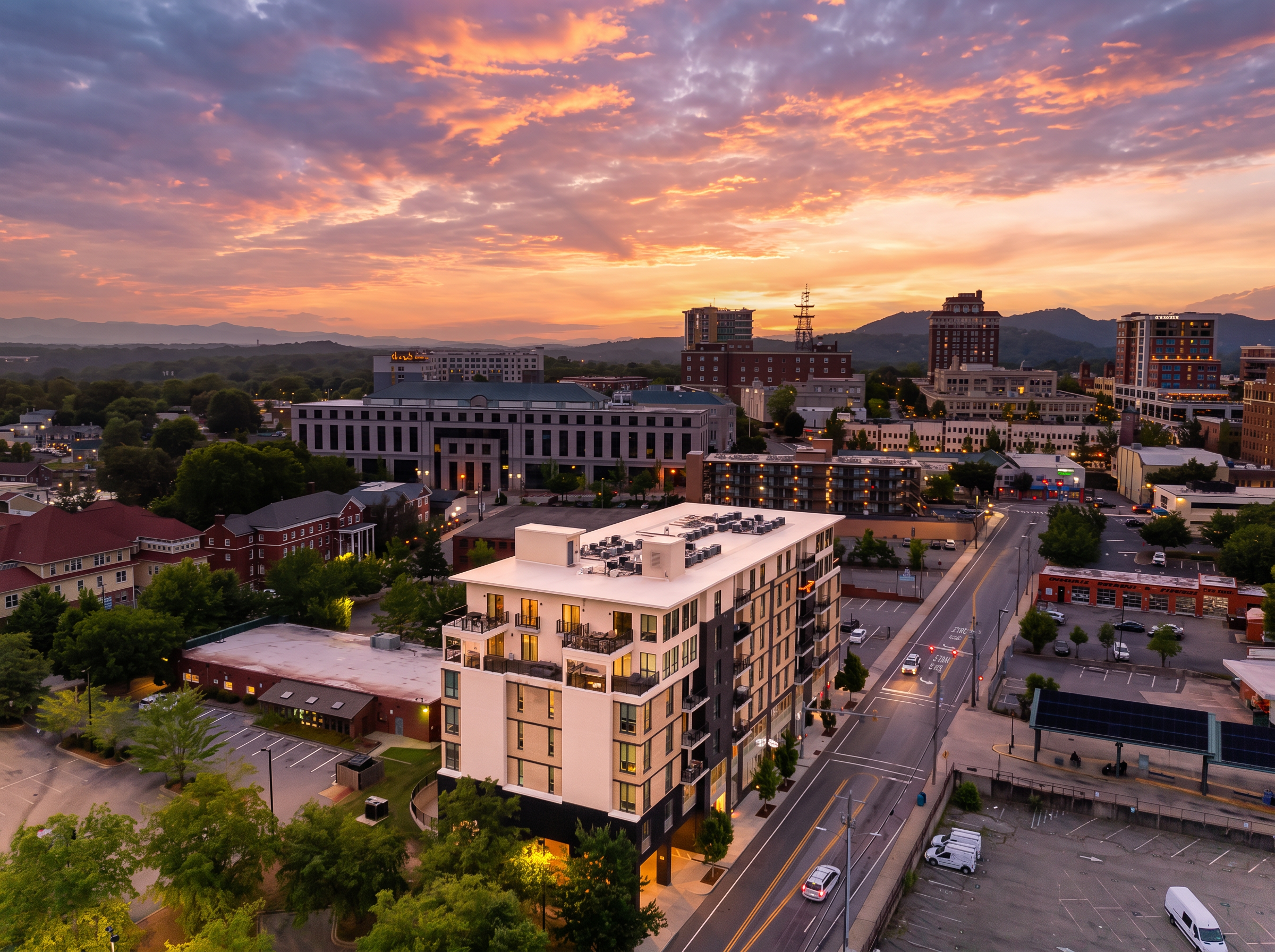 Modern downtown stay with stunning sunset and mountain views