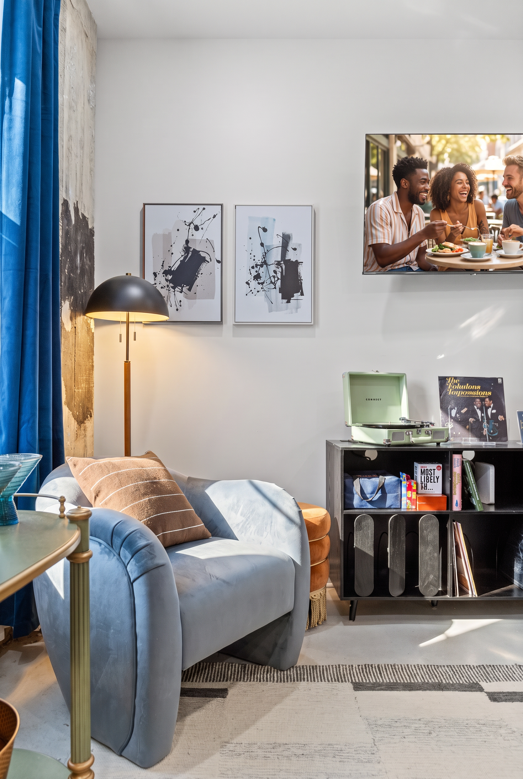 Stylish lounge nook with plush seating, record player, and modern decor