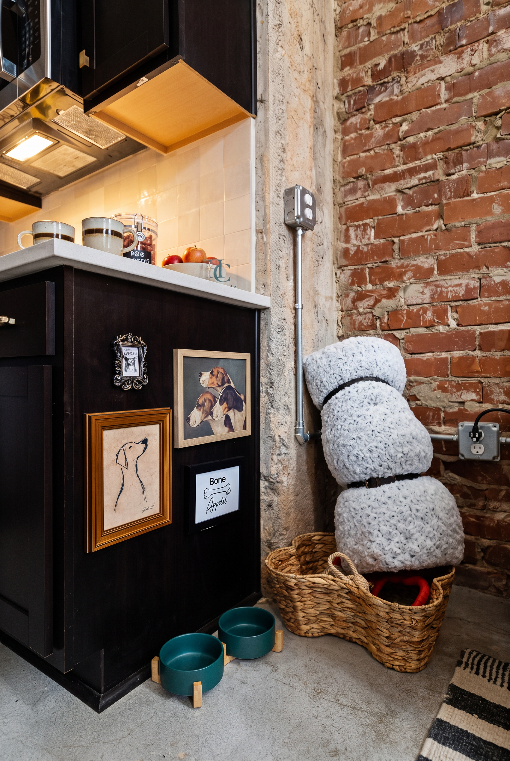 Pet-friendly kitchen nook with exposed brick and cozy dog amenities