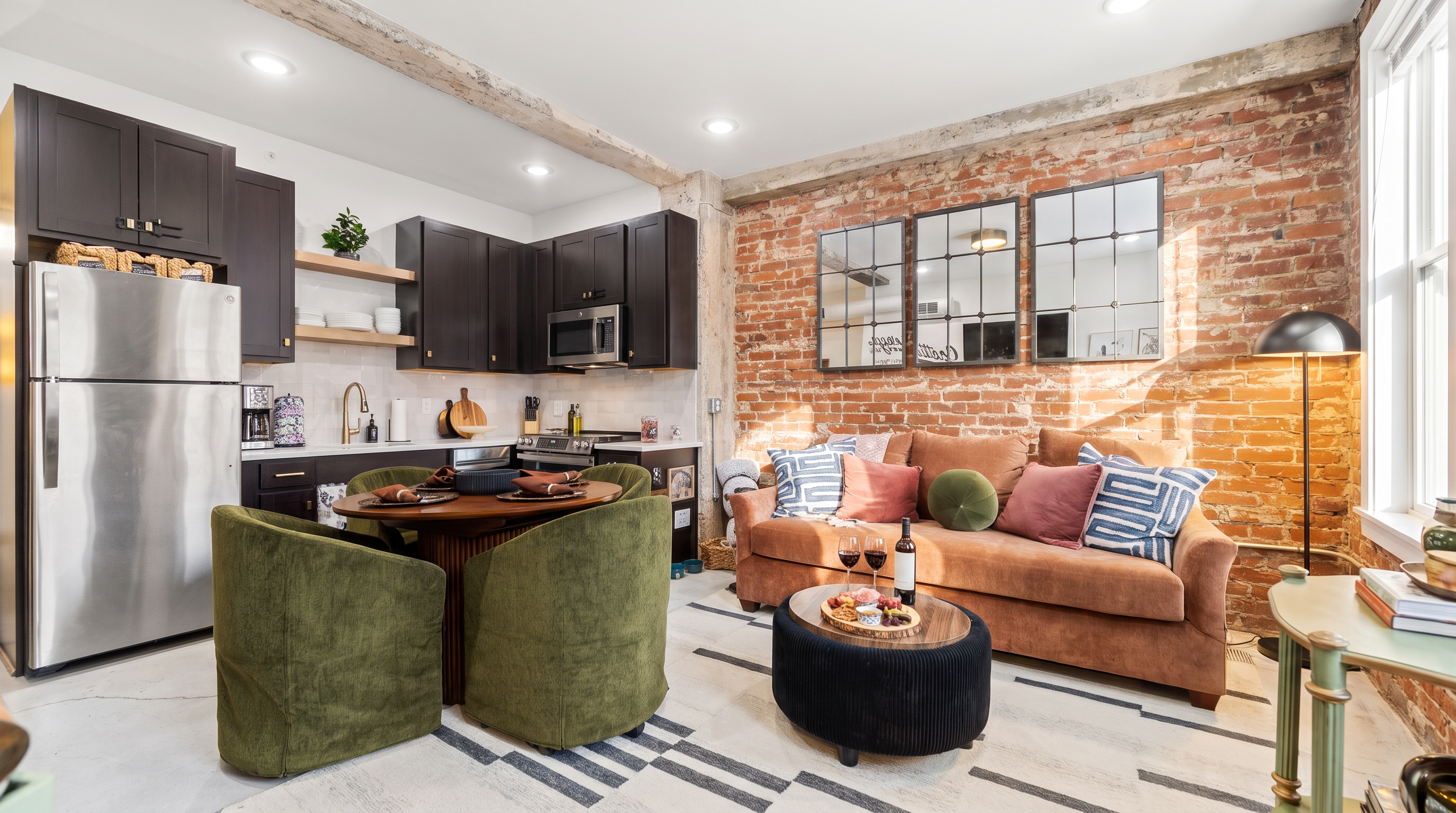 Chic brick loft with cozy lounge, modern kitchen, and stylish dining nook