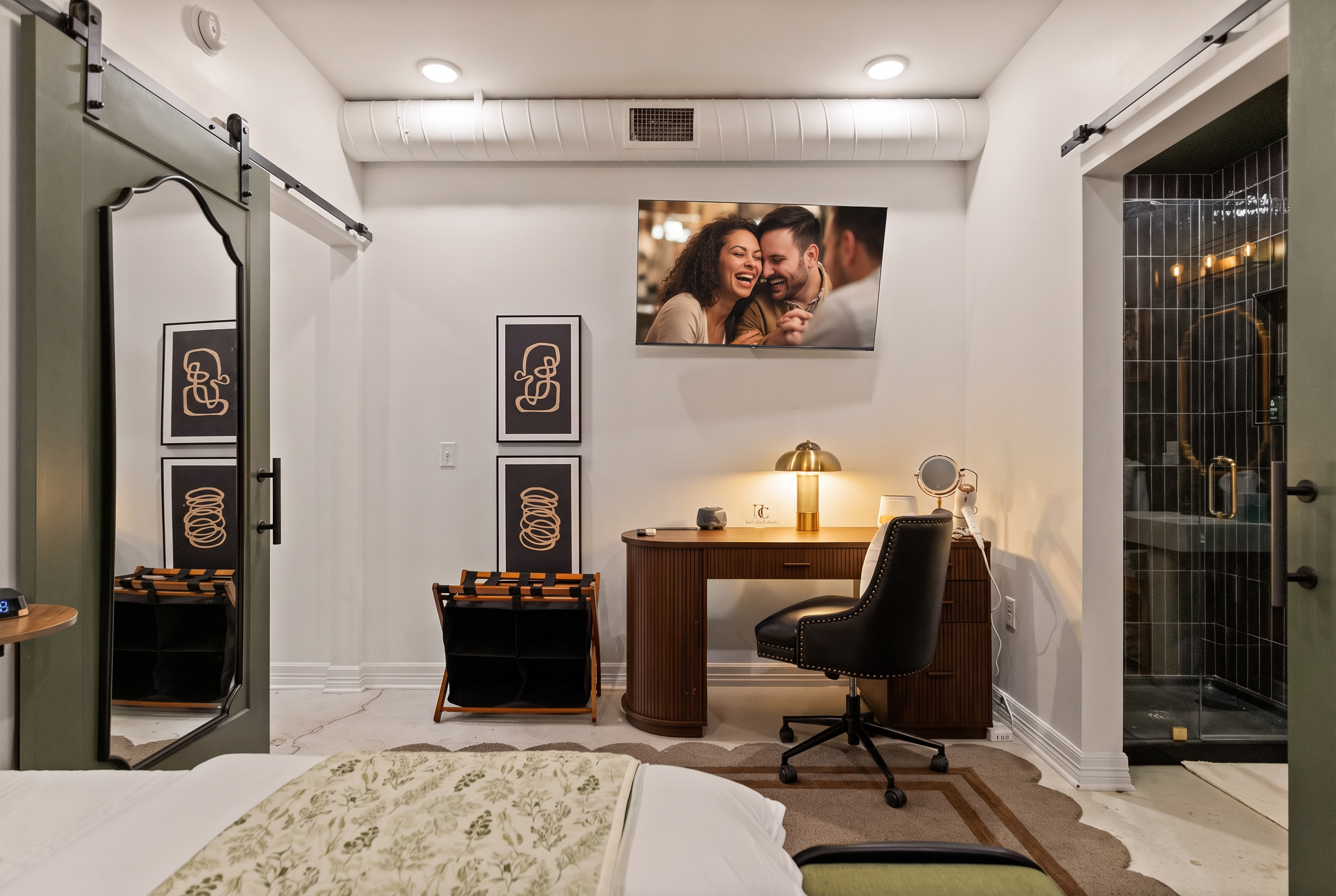 Stylish bedroom workspace with full-length mirror and luxe glass shower